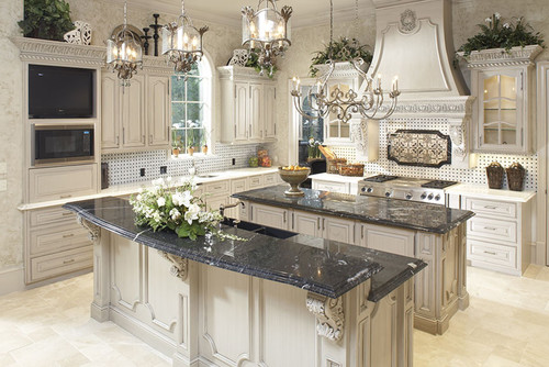 Titanium Granite with French Style Antique White Cabinets, Raised Breakfast Bar with Overhang and Kitchen Island, Black Dotted Octagon Mosaics, White Marble Countertop and Tumbled Marble Flooring